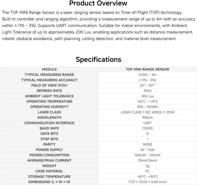 Alt view image 4 of 6 - Waveshare TOF MINI Laser Range Sensor, Based on Time-of-Flight (TOF) | built-in controller and ranging algorithm, UART communication support long range|Short Blind Zone|stable/accurate/sensitive