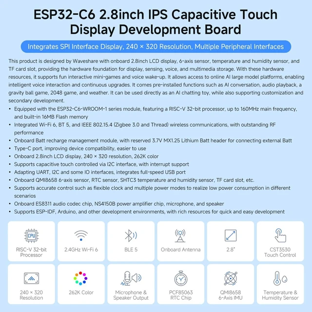 Alt view image 3 of 7 - Waveshare ESP32-C6 2.8inch IPS Capacitive Touch Display Development Board | 240 × 320, 262K color, Integrated W-F 6, BLE 5, and IEEE 802.15.4 (Zigbee 3.0 and Thread)multiple peripheral interfaces