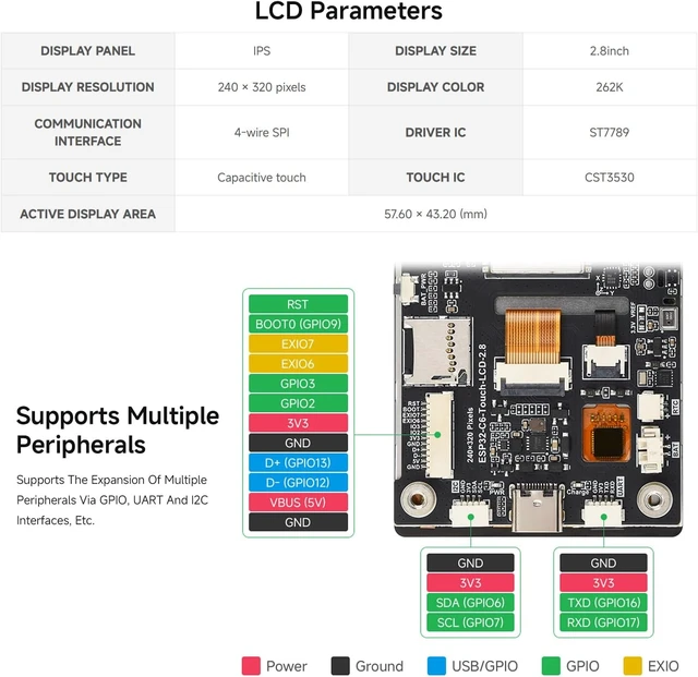 Alt view image 5 of 7 - Waveshare ESP32-C6 2.8inch IPS Capacitive Touch Display Development Board | 240 × 320, 262K color, Integrated W-F 6, BLE 5, and IEEE 802.15.4 (Zigbee 3.0 and Thread)multiple peripheral interfaces