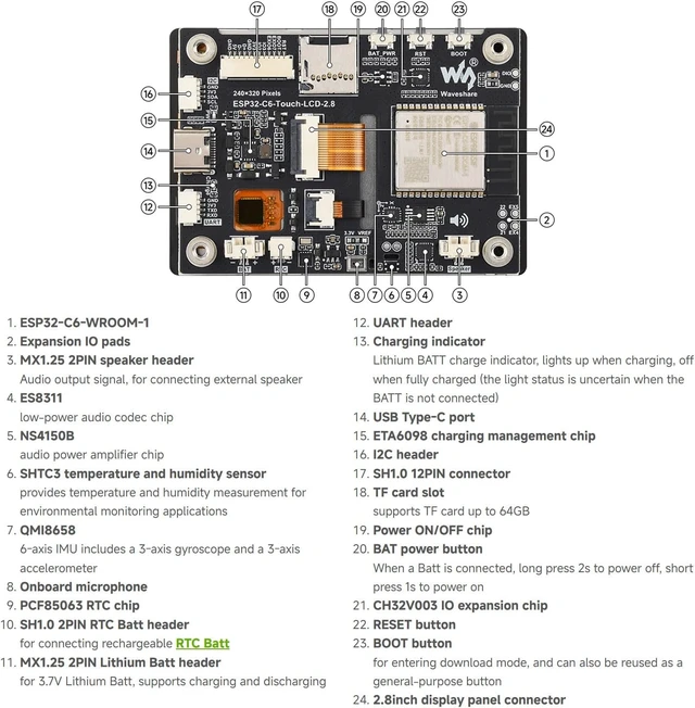 Alt view image 7 of 7 - Waveshare ESP32-C6 2.8inch IPS Capacitive Touch Display Development Board | 240 × 320, 262K color, Integrated W-F 6, BLE 5, and IEEE 802.15.4 (Zigbee 3.0 and Thread)multiple peripheral interfaces