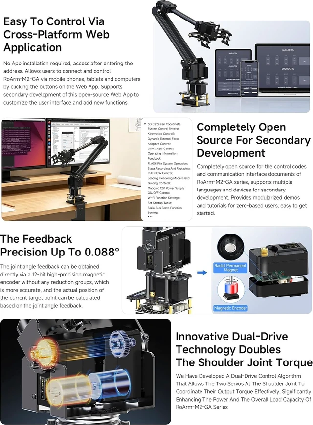 Alt view image 4 of 7 - Waveshare 3+1 DOF High-Torque Serial Bus Servo Based On ESP32 | Desktop Robotic Arm Kit, supports flexible expansion, secondary development, and wireless control