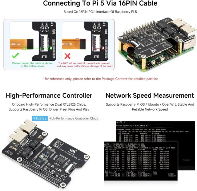 Alt view image 4 of 5 - Waveshare PCIe to 2-CH 2.5G ETH, Equipped with Dual RTL8125, Driver Free | Designed for Raspberry Pi 5, plug and play,supports Raspberry Pi OS/Ubuntu/OpenWrt,Dual 2.5G RJ45 ports, PCIe x1 Gen2