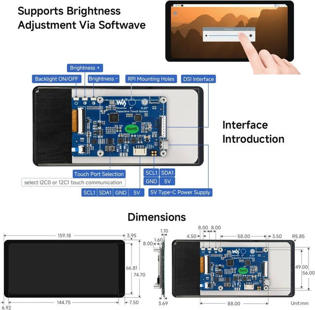 Alt view image 6 of 6 - Waveshare 6.25inch DSI Capacitive Touch Display, 720 × 1560, 5-Point Touch | Compatible with Raspberry Pi 5/4B,CM4 IO Board, 1.1mm Optical Bonding Toughened Glass Panel, IPS Panel, 500cd/m² Brightness