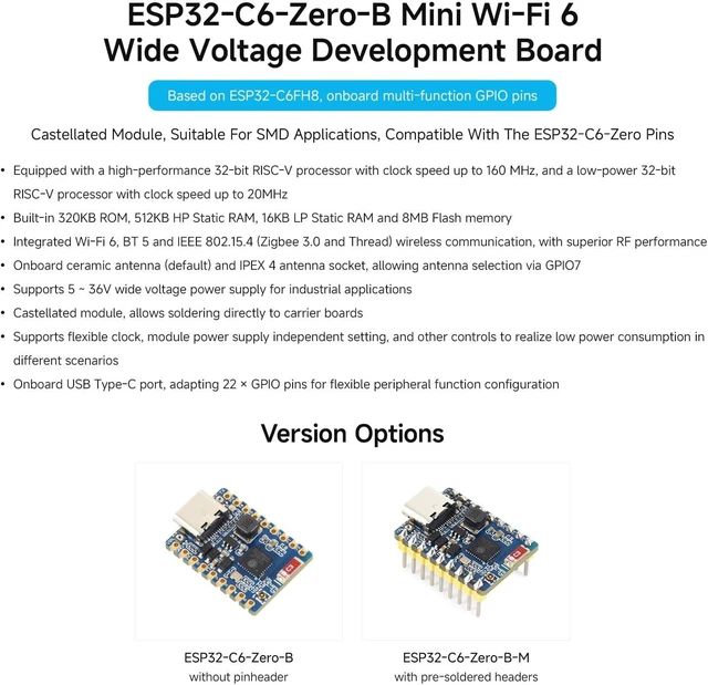 Alt view image 3 of 5 - Waveshare ESP32-C6 Mini Wi-Fi 6 Development Board, Without Headers | 5 ~ 36V Wide Voltage Power Supply Support BLE, IEEE 802.15.4 (Zigbee 3.0 and Thread) compatible with the ESP32-C6-Zero Pins