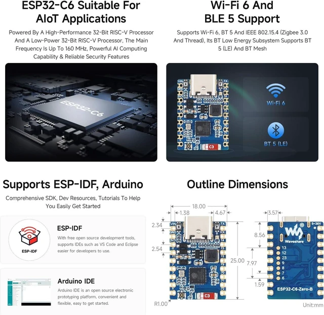 Alt view image 4 of 5 - Waveshare ESP32-C6 Mini Wi-Fi 6 Development Board, Without Headers | 5 ~ 36V Wide Voltage Power Supply Support BLE, IEEE 802.15.4 (Zigbee 3.0 and Thread) compatible with the ESP32-C6-Zero Pins