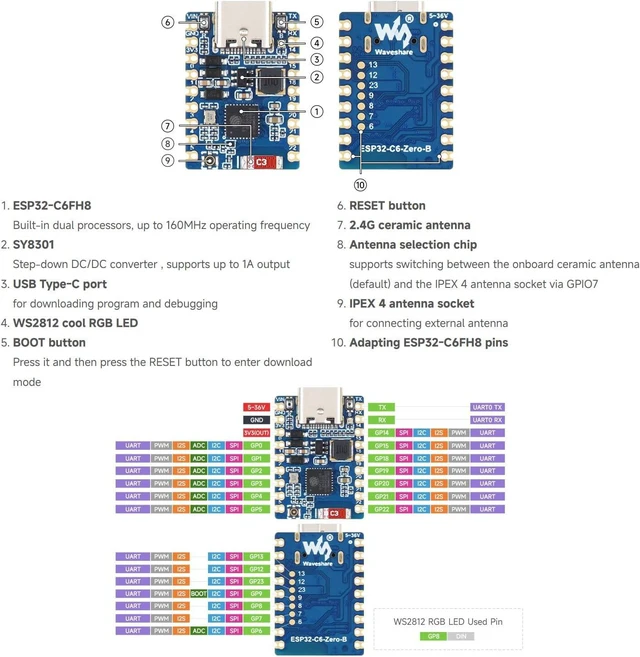 Alt view image 5 of 5 - Waveshare ESP32-C6 Mini Wi-Fi 6 Development Board, Without Headers | 5 ~ 36V Wide Voltage Power Supply Support BLE, IEEE 802.15.4 (Zigbee 3.0 and Thread) compatible with the ESP32-C6-Zero Pins