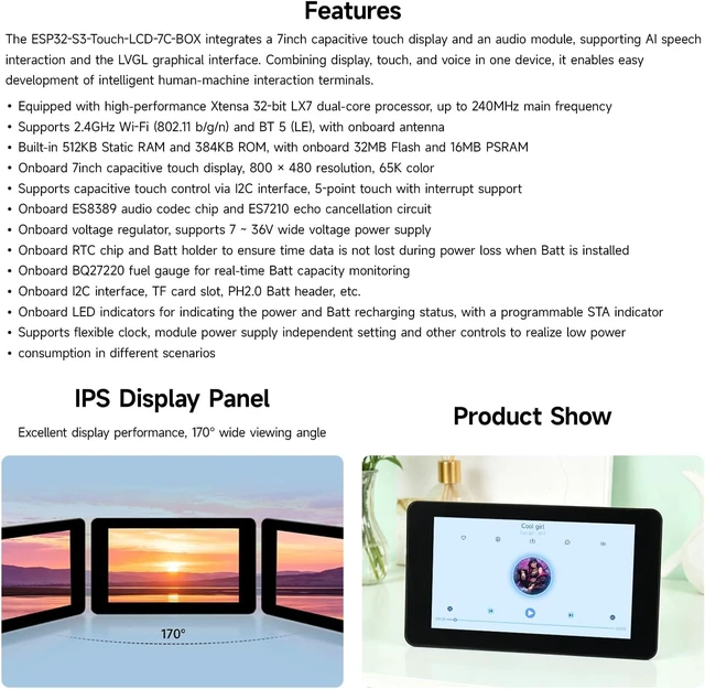 Alt view image 4 of 7 - Waveshare ESP32-S3 7inch AI Voice Touch Display,800 × 480,5-Point Touch,IPS | Supports 2.4GHz Wi-Fi & BLE 5,Supports audio output and recording, enabling a smarter human-machine interaction