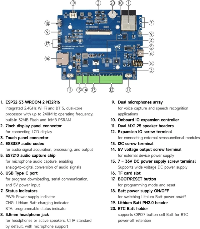 Alt view image 6 of 7 - Waveshare ESP32-S3 7inch AI Voice Touch Display,800 × 480,5-Point Touch,IPS | Supports 2.4GHz Wi-Fi & BLE 5,Supports audio output and recording, enabling a smarter human-machine interaction