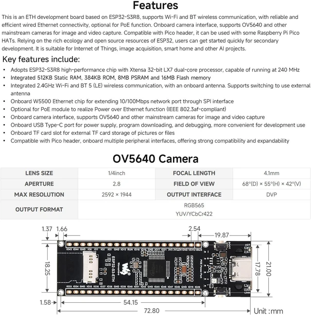 Alt view image 4 of 7 - Waveshare ESP32-S3 ETH Dev Board, with Pre-soldered Headers, OV5640 Camera | Support Wi-Fi 5 & BLE5, 240MHz Dual Core, Type-C Port and TF Card Slot, Pico HAT compatible, multiple peripheral interfaces