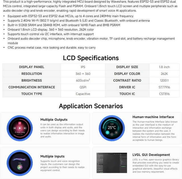 Alt view image 4 of 7 - Waveshare ESP32-S3 1.8inch Knob Display Development Board, Multi-Functional Knob Screen, Capacitive Touch, 2.4GHz Wi-Fi & BLE Wireless, PC Volume Control, PC Secondary Screen, CNC Metal Case, NO BAT