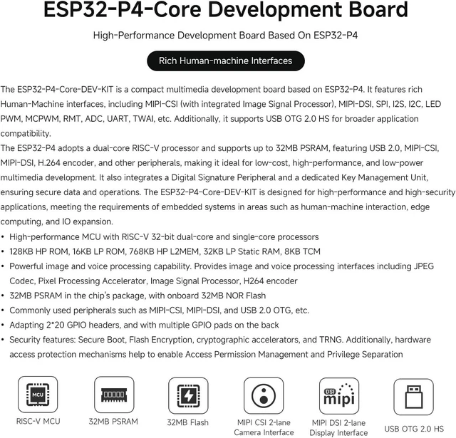 Alt view image 3 of 5 - Waveshare ESP32-P4-Core High-Performance Development Board Based On ESP32-P4, Equipped with RISC-V 32-bit Dual-core and Single-core Processors, Supports USB OTG 2.0 HS