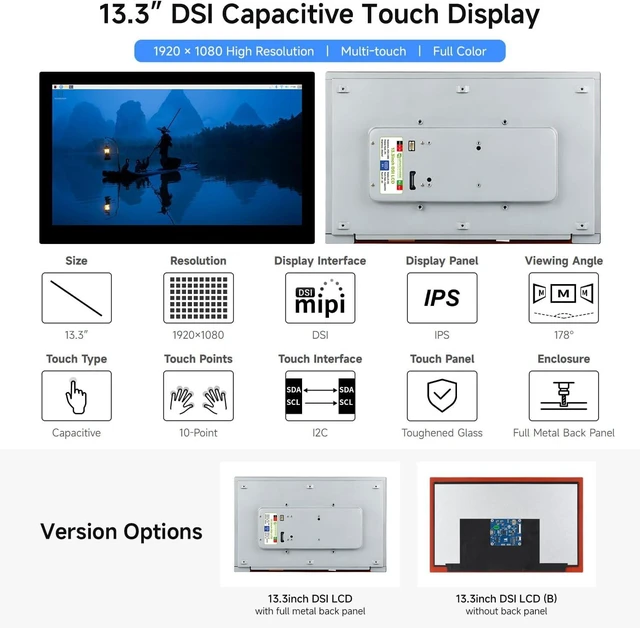 Alt view image 3 of 7 - waveshare 13.3inch High Resolution DSI Capacitive Touch Display, Compatible with Raspberry Pi 5/4B/3B/CM3/3+/4, 1920 × 1080, IPS, DSI Interface, 10-Point Touch, Full Metal Back Panel