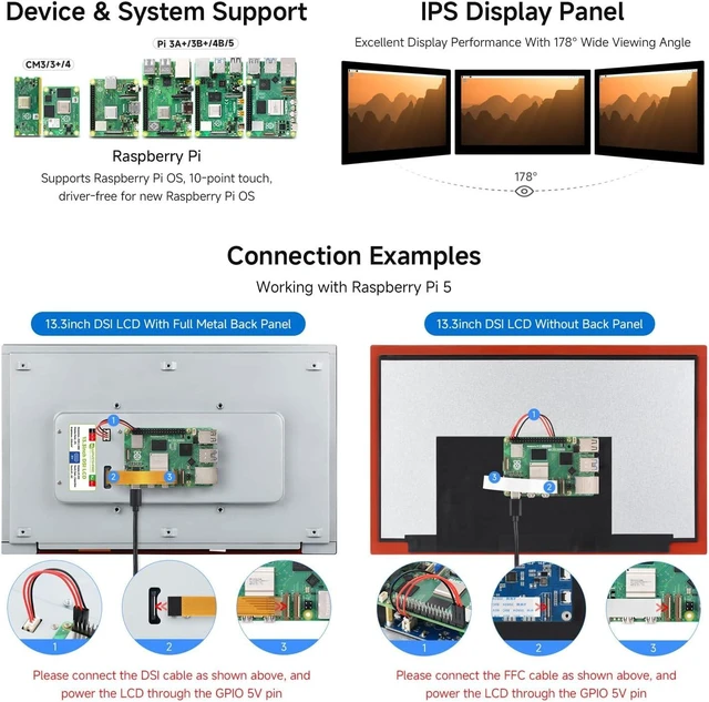 Alt view image 4 of 7 - waveshare 13.3inch High Resolution DSI Capacitive Touch Display, Compatible with Raspberry Pi 5/4B/3B/CM3/3+/4, 1920 × 1080, IPS, DSI Interface, 10-Point Touch, Full Metal Back Panel