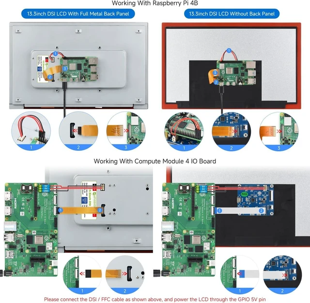 Alt view image 5 of 7 - waveshare 13.3inch High Resolution DSI Capacitive Touch Display, Compatible with Raspberry Pi 5/4B/3B/CM3/3+/4, 1920 × 1080, IPS, DSI Interface, 10-Point Touch, Full Metal Back Panel
