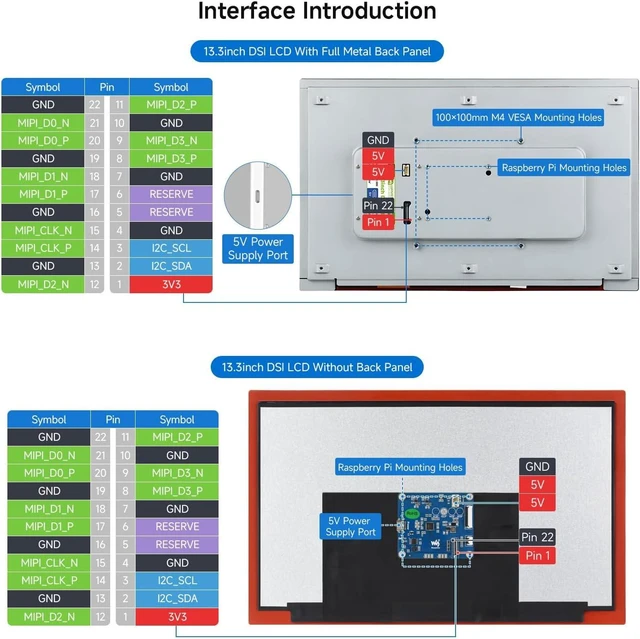 Alt view image 7 of 7 - waveshare 13.3inch High Resolution DSI Capacitive Touch Display, Compatible with Raspberry Pi 5/4B/3B/CM3/3+/4, 1920 × 1080, IPS, DSI Interface, 10-Point Touch, Full Metal Back Panel