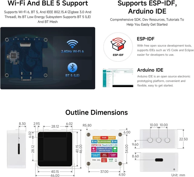 Alt view image 7 of 7 - Waveshare ESP32-C6 1.54inch LCD Display Development Board, 240 × 240 Resolution, 262K Color, Supports Dual Microphones, 2.4GHz Wi-Fi 6 and BLE 5, with Touch Function