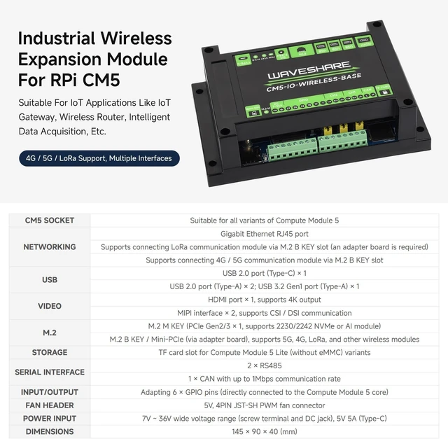 Alt view image 3 of 7 - Waveshare Industrial IoT Wireless Expansion Board, Compatible with Raspberry Pi CM5, 4G/5G/LoRa, Giga-bit Ethernet RJ45 Port, Dual MIPI interfaces, Supports 4K Output