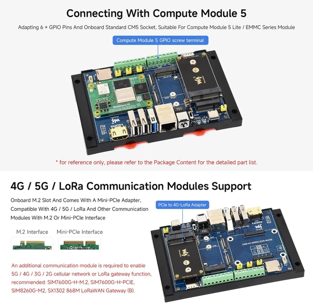 Alt view image 4 of 7 - Waveshare Industrial IoT Wireless Expansion Board, Compatible with Raspberry Pi CM5, 4G/5G/LoRa, Giga-bit Ethernet RJ45 Port, Dual MIPI interfaces, Supports 4K Output