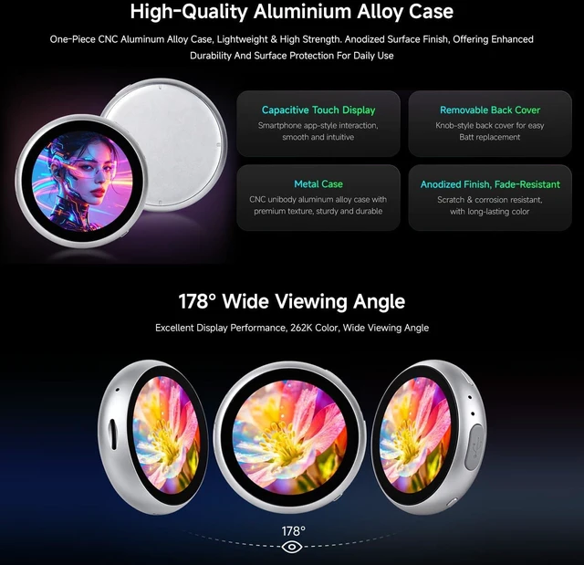 Alt view image 5 of 7 - Waveshare ESP32-S3 1.85inch LCD Capacitive Touch Display Development Board, 360×360, CNC-machined Aluminum Alloy Case, Supports Online LLM Platforms & DIY Customization