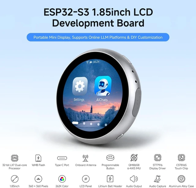 Alt view image 3 of 7 - Waveshare ESP32-S3 1.85inch LCD Capacitive Touch Display Development Board, 360×360, CNC-machined Aluminum Alloy Case, Supports Online LLM Platforms & DIY Customization