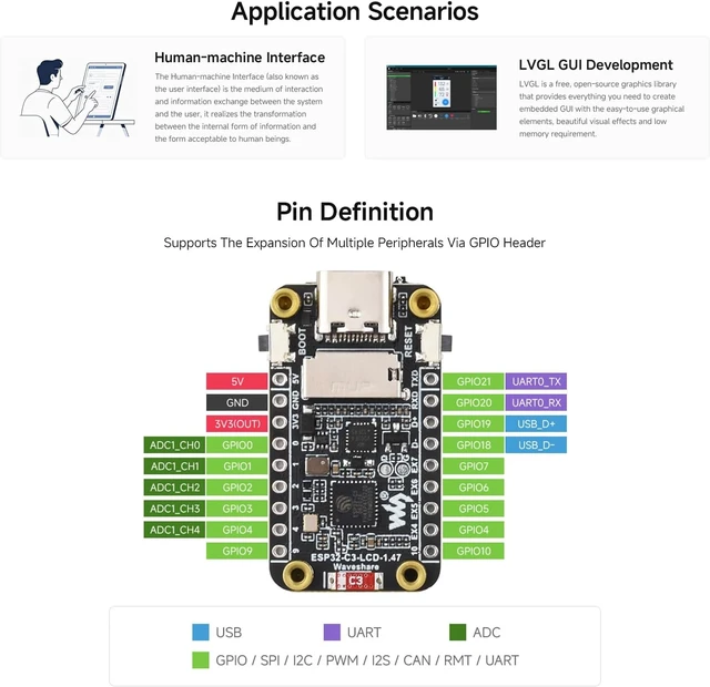 Alt view image 6 of 7 - Waveshare ESP32-C3 1.47inch LCD Display Development Board, RISC-V 32-bit Single-core Processor, 172×320 Resolution, 262K Display Color, Supports 2.4GHz Wi-Fi and BLE 5