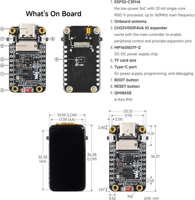 Alt view image 7 of 7 - Waveshare ESP32-C3 1.47inch LCD Display Development Board, RISC-V 32-bit Single-core Processor, 172×320 Resolution, 262K Display Color, Supports 2.4GHz Wi-Fi and BLE 5