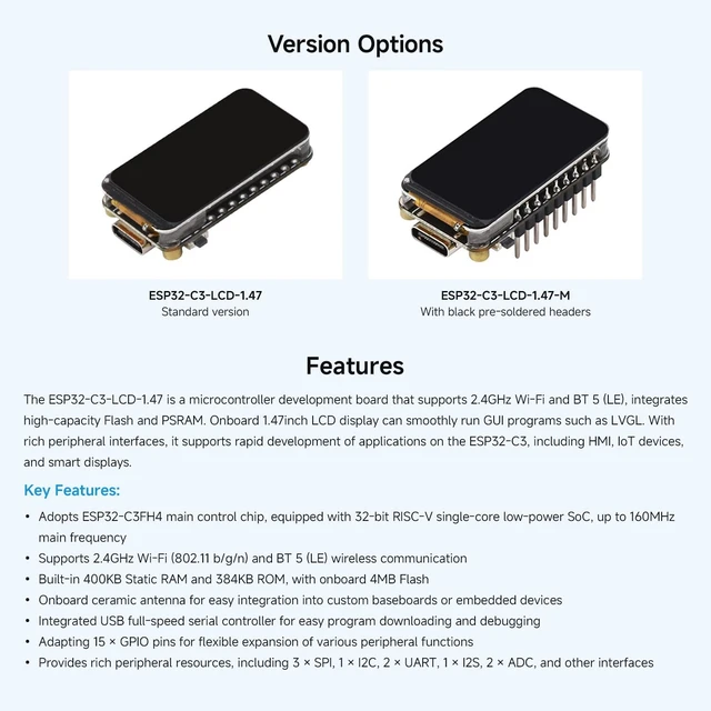 Alt view image 4 of 7 - Waveshare ESP32-C3 1.47inch LCD Display Development Board, RISC-V 32-bit Single-core Processor, 172×320 Resolution, 262K Display Color, Supports 2.4GHz Wi-Fi and BLE 5