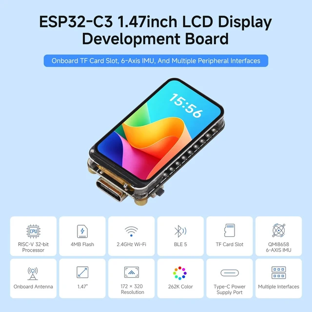 Alt view image 3 of 7 - Waveshare ESP32-C3 1.47inch LCD Display Development Board, RISC-V 32-bit Single-core Processor, 172×320 Resolution, 262K Display Color, Supports 2.4GHz Wi-Fi and BLE 5