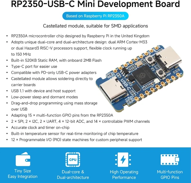 Alt view image 3 of 5 - Waveshare RP2350-USB-C Microcontroller Dev Board Based on RPi RP2350A | Dual-Core & Dual-Architecture,Castellated module, suitable for SMD applicationsBased on Raspberry Pi RP2350A