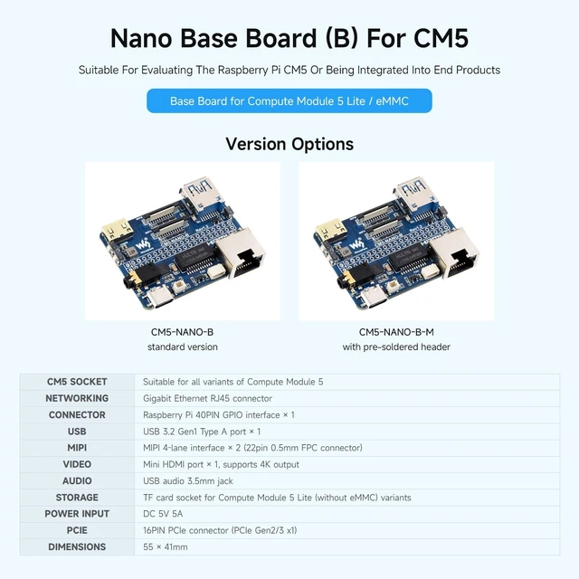 Alt view image 3 of 5 - Waveshare Nano Base Board (B), Compatible with Raspberry Pi Compute Module 5, Same Size As The CM5, Base Board for Compute Module 5 Lite/eMMC