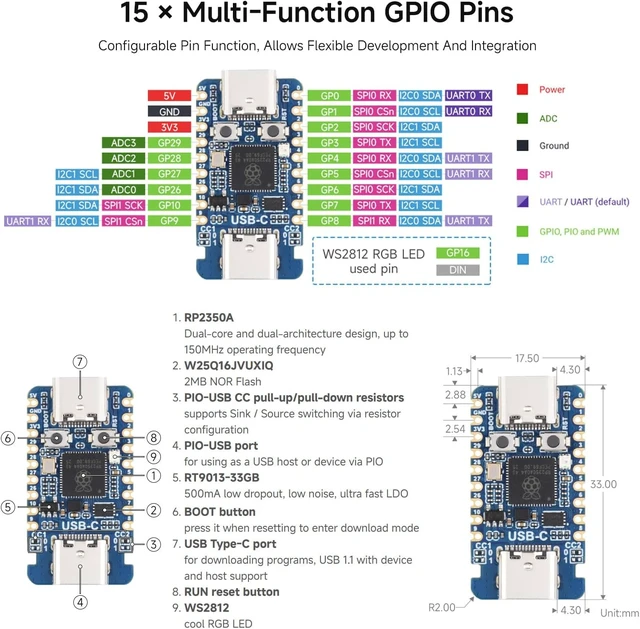 Alt view image 5 of 5 - Waveshare RP2350-USB-C Microcontroller Dev Board Based on RPi RP2350A | Dual-Core & Dual-Architecture,Castellated module, suitable for SMD applicationsBased on Raspberry Pi RP2350A