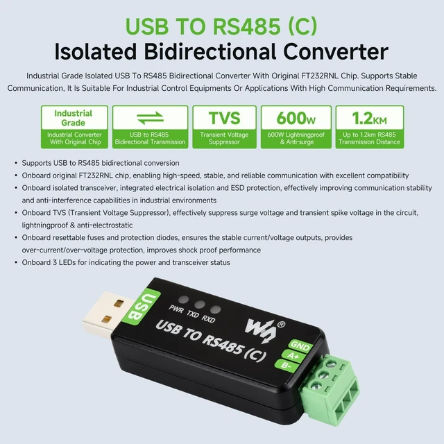 Alt view image 3 of 7 - Waveshare USB to RS485 (C) Industrial Grade Isolated Bidirectional Converter, Features the FT232RNL chip, Onboard Isolated transceiver and TVS, Up to 1.2km RS485 Transmission Distance