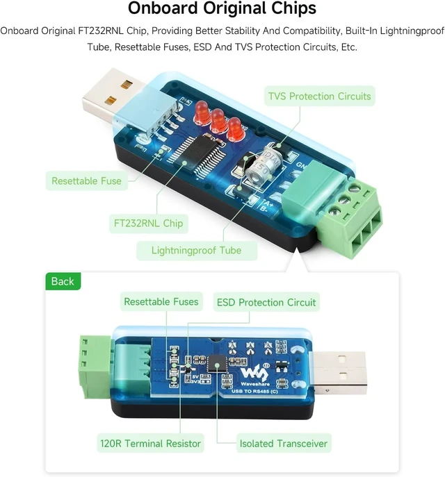 Alt view image 5 of 7 - Waveshare USB to RS485 (C) Industrial Grade Isolated Bidirectional Converter, Features the FT232RNL chip, Onboard Isolated transceiver and TVS, Up to 1.2km RS485 Transmission Distance