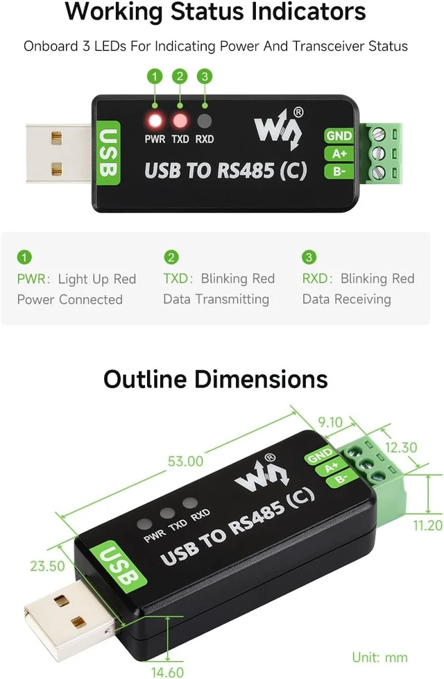 Alt view image 7 of 7 - Waveshare USB to RS485 (C) Industrial Grade Isolated Bidirectional Converter, Features the FT232RNL chip, Onboard Isolated transceiver and TVS, Up to 1.2km RS485 Transmission Distance