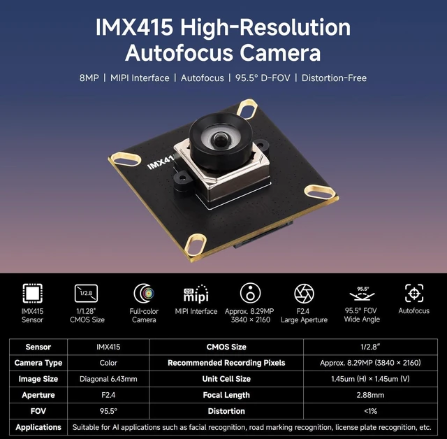 Alt view image 3 of 5 - Waveshare IMX415 8MP MIPI Camera Module, Autofocus, 95.5° D-FOV, Distortion-Free, Compatible with Raspberry Pi 5 / 4B / 3 / Zero