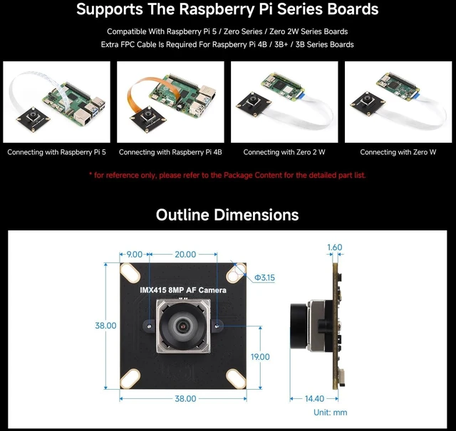 Alt view image 5 of 5 - Waveshare IMX415 8MP MIPI Camera Module, Autofocus, 95.5° D-FOV, Distortion-Free, Compatible with Raspberry Pi 5 / 4B / 3 / Zero