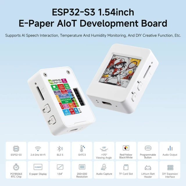 Alt view image 3 of 7 - Waveshare ESP32-S3 1.54inch e-Paper (G) AIoT Development Board, 200 × 200 Resolution, Red/Yellow/Black/White, Supports Wi-Fi and BLE Dual-Mode Communication, No BAT