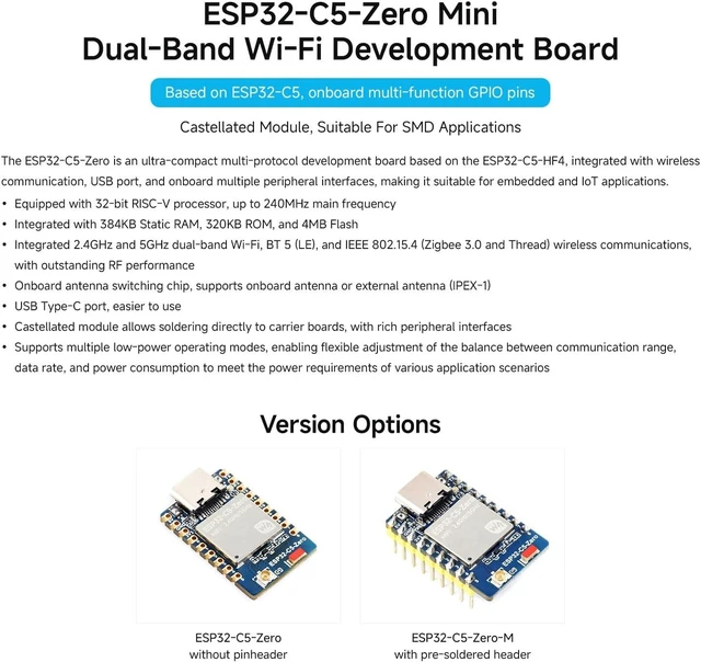 Alt view image 3 of 6 - Waveshare ESP32-C5 Mini Development Board, Equipped with 32-bit RISC-V Processor, Integrated 2.4GHz/5GHz Dual-Band Wi-Fi 6 and BLE 5