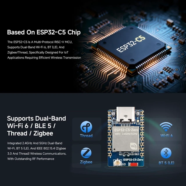 Alt view image 4 of 6 - Waveshare ESP32-C5 Mini Development Board, Equipped with 32-bit RISC-V Processor, Integrated 2.4GHz/5GHz Dual-Band Wi-Fi 6 and BLE 5
