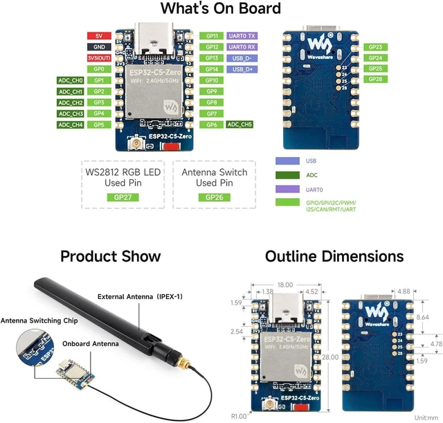 Alt view image 6 of 6 - Waveshare ESP32-C5 Mini Development Board, Equipped with 32-bit RISC-V Processor, Integrated 2.4GHz/5GHz Dual-Band Wi-Fi 6 and BLE 5