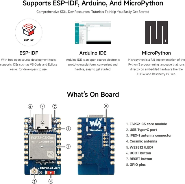 Alt view image 5 of 6 - Waveshare ESP32-C5 Mini Development Board, Equipped with 32-bit RISC-V Processor, Integrated 2.4GHz/5GHz Dual-Band Wi-Fi 6 and BLE 5