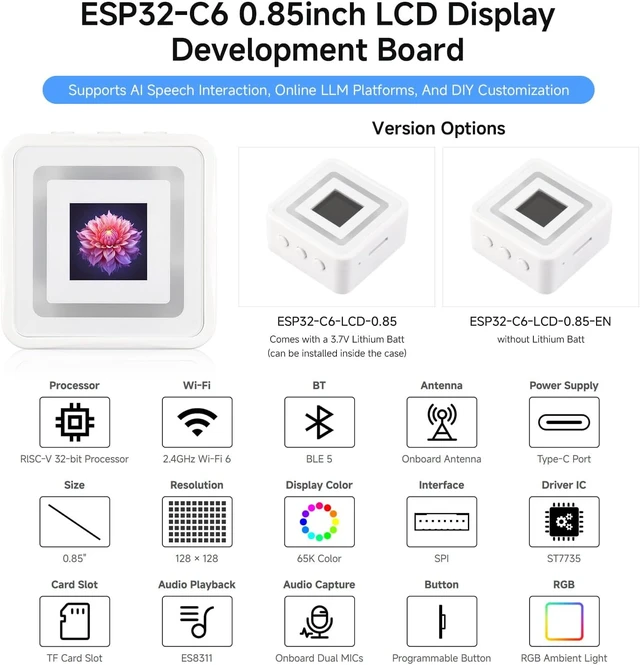 Alt view image 3 of 7 - Waveshare ESP32-C6 0.85inch LCD Display Development Board, RISC-V Single-core Processor, 128 × 128, Supports AI Speech Interaction, Online LLM Platforms, Dual Microphones, Wi-Fi 6 & BLE 5, No Batt