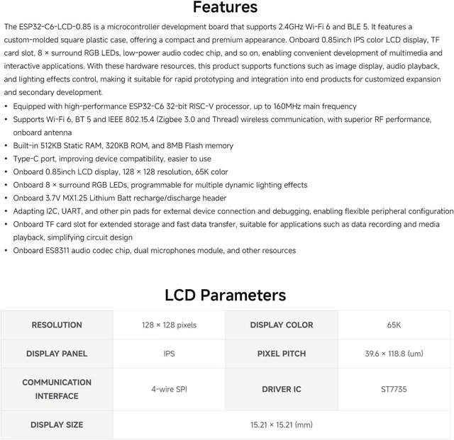 Alt view image 4 of 7 - Waveshare ESP32-C6 0.85inch LCD Display Development Board, RISC-V Single-core Processor, 128 × 128, Supports AI Speech Interaction, Online LLM Platforms, Dual Microphones, Wi-Fi 6 & BLE 5, No Batt