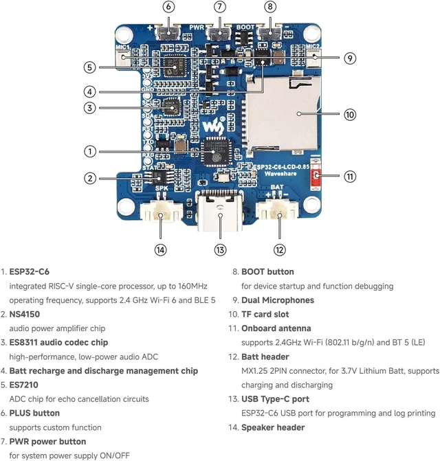 Alt view image 7 of 7 - Waveshare ESP32-C6 0.85inch LCD Display Development Board, RISC-V Single-core Processor, 128 × 128, Supports AI Speech Interaction, Online LLM Platforms, Dual Microphones, Wi-Fi 6 & BLE 5, No Batt