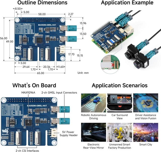 Alt view image 5 of 5 - Waveshare 2-Ch GMSL Camera HAT, Equipped with MAX9296A Deserializer, High-Speed and Low-Latency Serial Transmission, Compatible with Raspberry Pi 5 and Jetson Orin NX/Nano