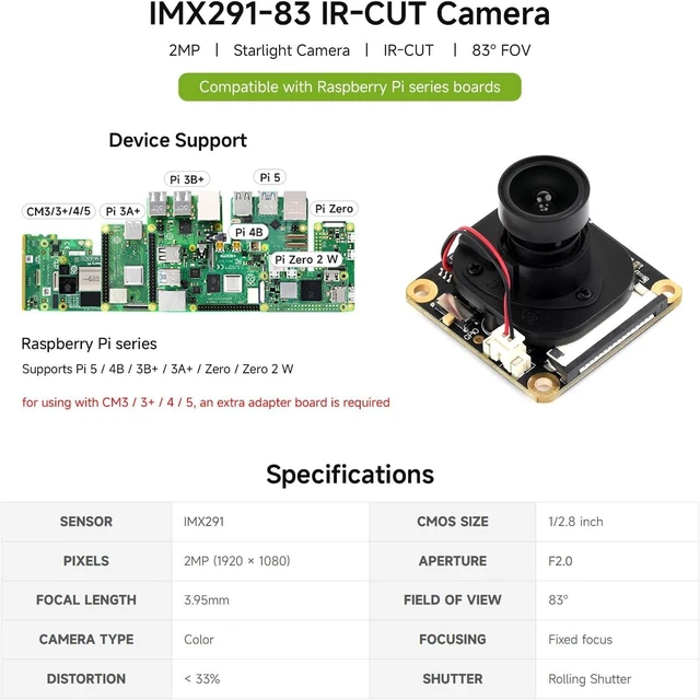 Alt view image 3 of 5 - Waveshare IMX291 2MP IR-Cut Camera, Fixed-Focus, 83° Diagonal FOV, Rolling Shutter, Compatible with Raspberry Pi Series Boards