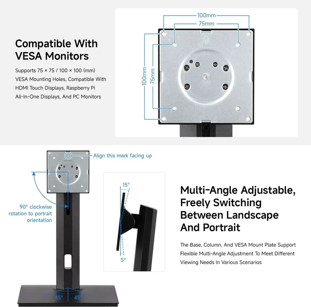 Alt view image 4 of 7 - Waveshare VESA Desktop Monitor Stand for 21.5" ~ 27" Monitors, with 75 × 75/100 × 100 (mm) VESA Mounting Holes, Multi-Angle Adjustable, Weighted Base, and Ergonomic Design