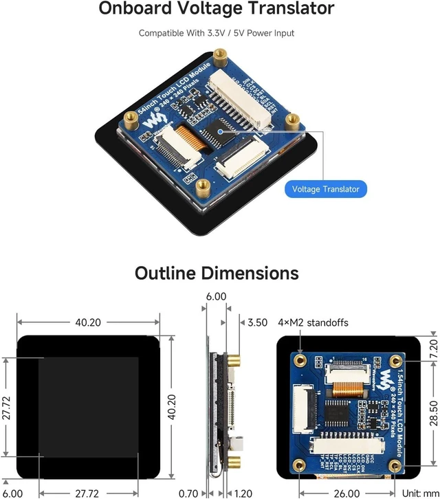 Alt view image 7 of 7 - Waveshare 1.54inch Touch LCD Display Module, 240×240 Resolution, IPS Panel, SPI and I2C Communication interfaces, 262K Display Color