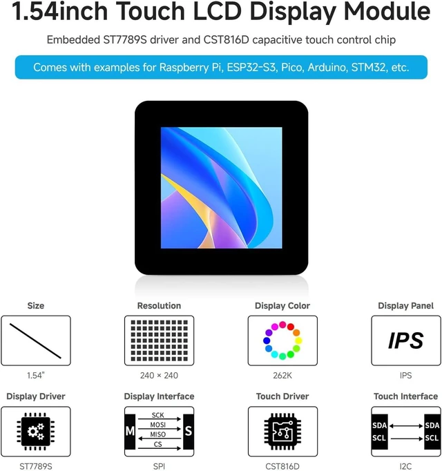 Alt view image 3 of 7 - Waveshare 1.54inch Touch LCD Display Module, 240×240 Resolution, IPS Panel, SPI and I2C Communication interfaces, 262K Display Color