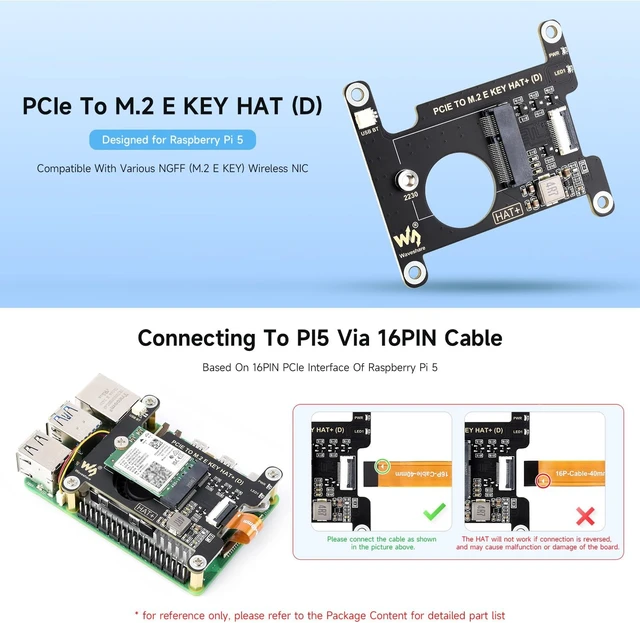 Alt view image 3 of 5 - Waveshare PCIe to M.2 E Key HAT (D) for Raspberry Pi 5, Compatible with Various NGFF (M.2 E Key) Wireless NIC, Supports USB Bluetooth Connection